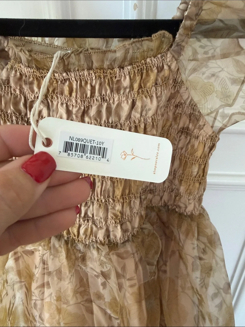 Noralee Size 10 Girls Tan Floral Ruffle-Shoulder Smocked Dress